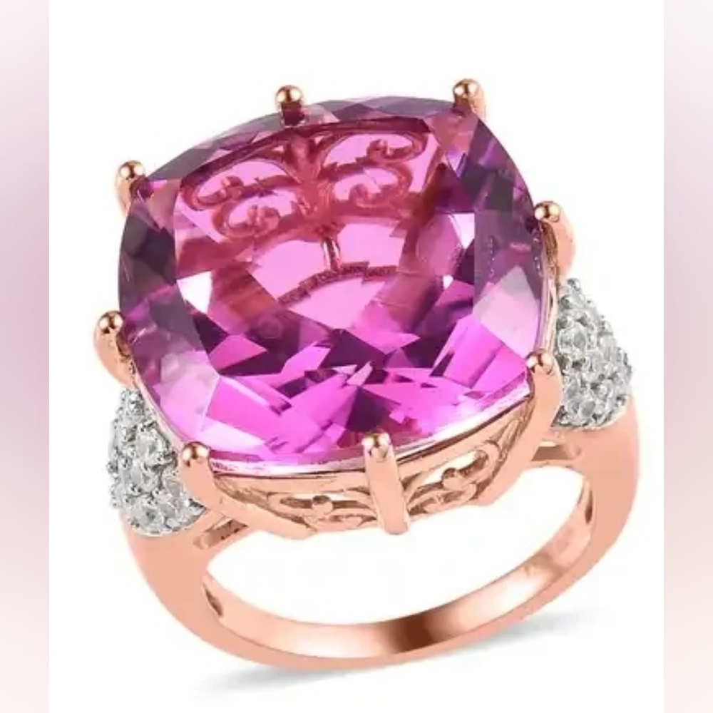 African Lilac Quartz with White Zircon Ring in Vermeil RG over Sterling Silver